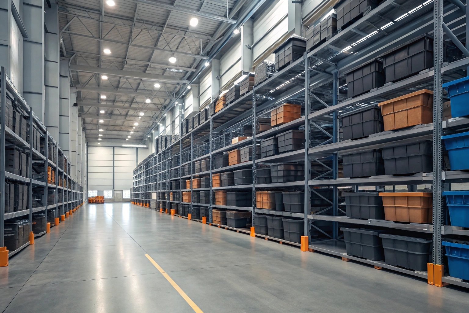 Modern warehouse shelving with colorful bins and high ceiling