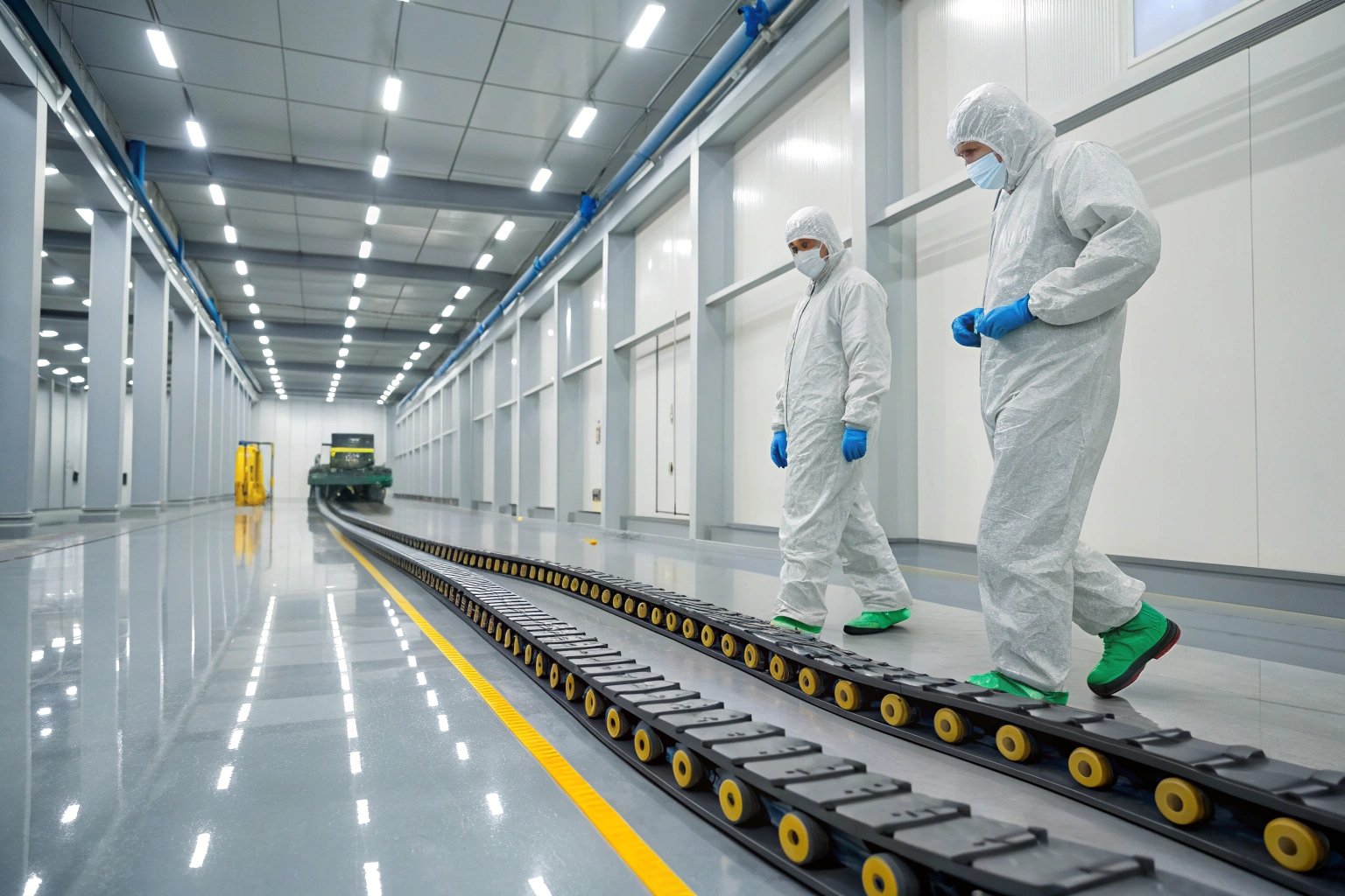 Engineers in protective suits inspecting automated assembly line.
