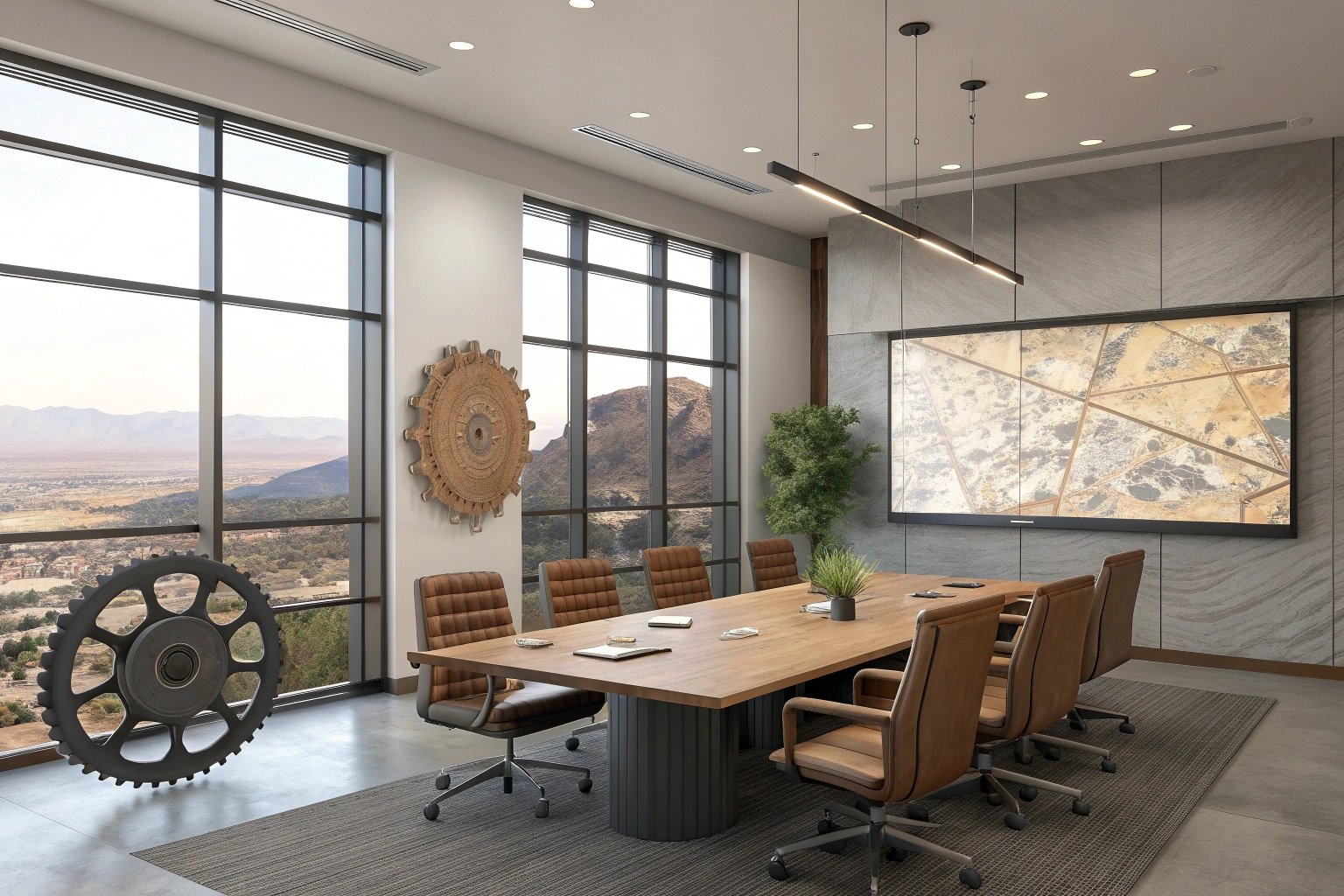 Conference room decorated with industrial elements and scenic window view.