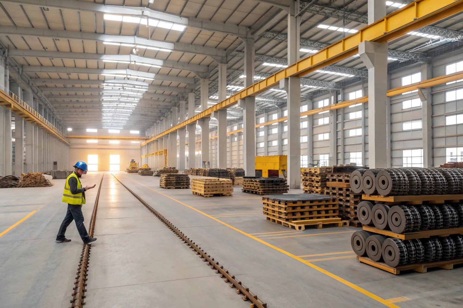 Warehouse worker in safety gear inspecting products in a large storage facility.