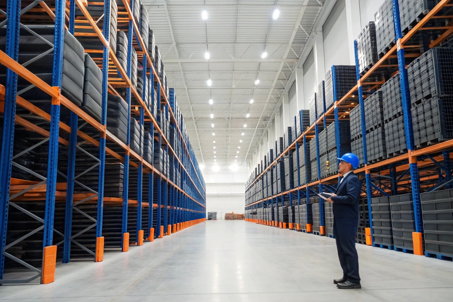 Warehouse manager inspecting high-stacked inventory racks in a large facility.