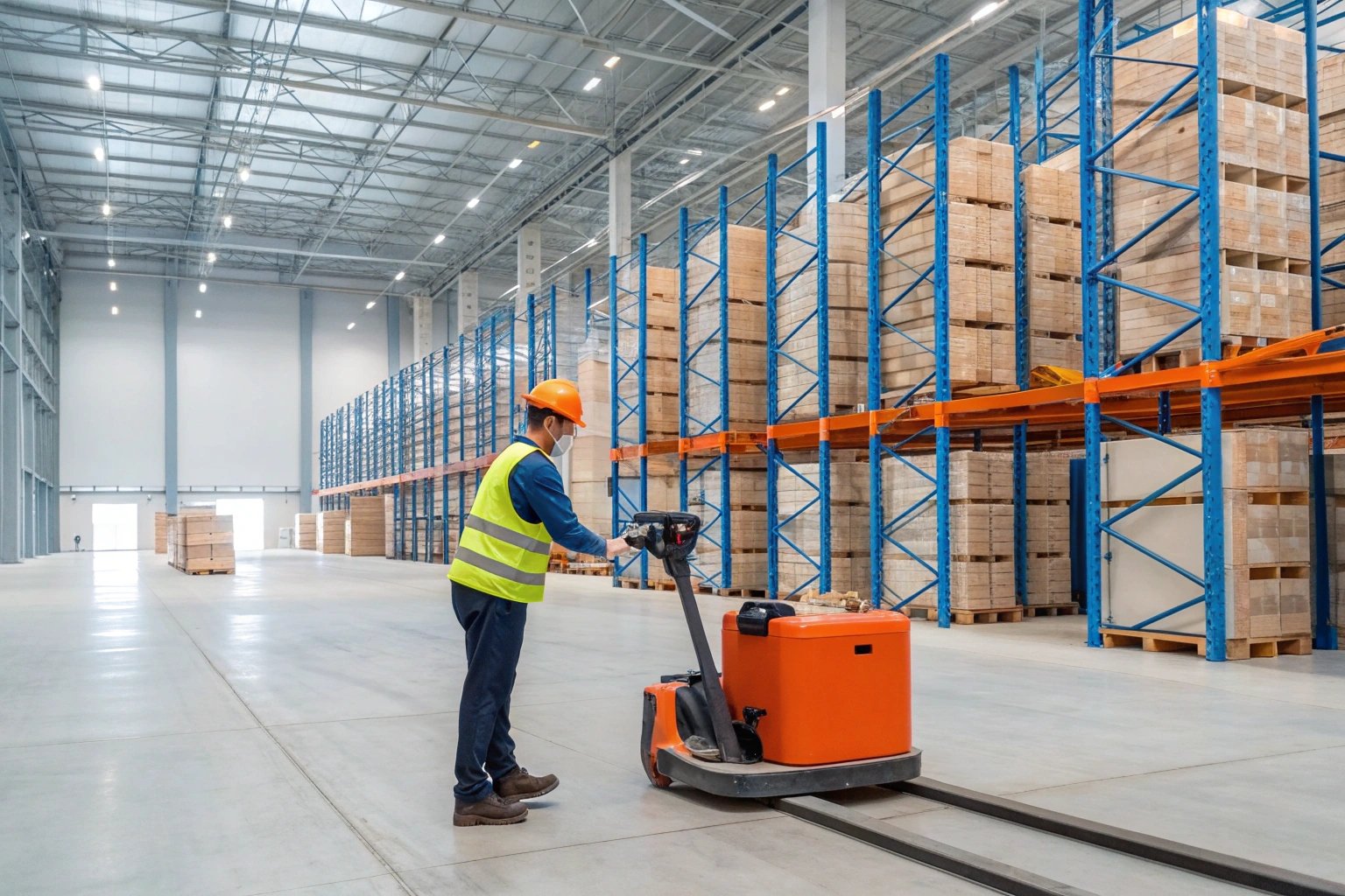 Forklift operator organizing palettes in spacious warehouse setting.