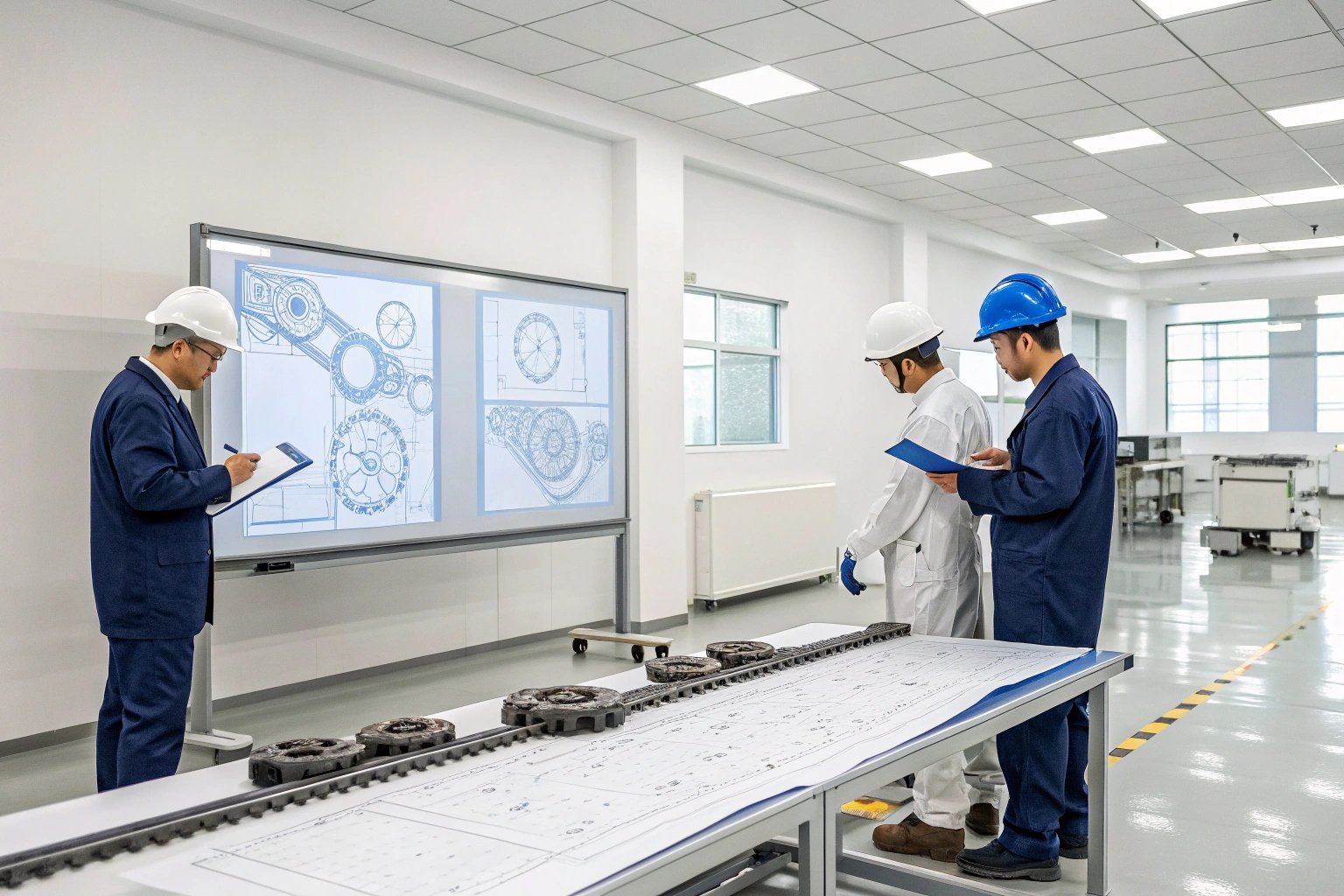 Engineers reviewing technical drawings on large screen, discussing mechanical parts in lab setting.