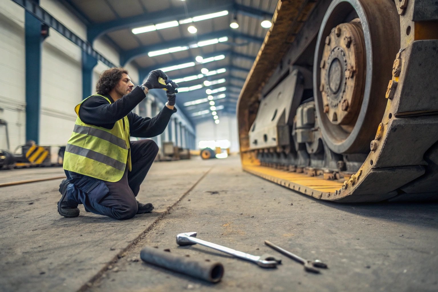 Mechanic repairing large machinery tracks indoors