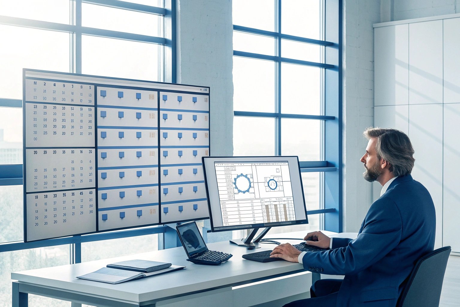 Data Analysis Professional analyzing data on multiple large screens