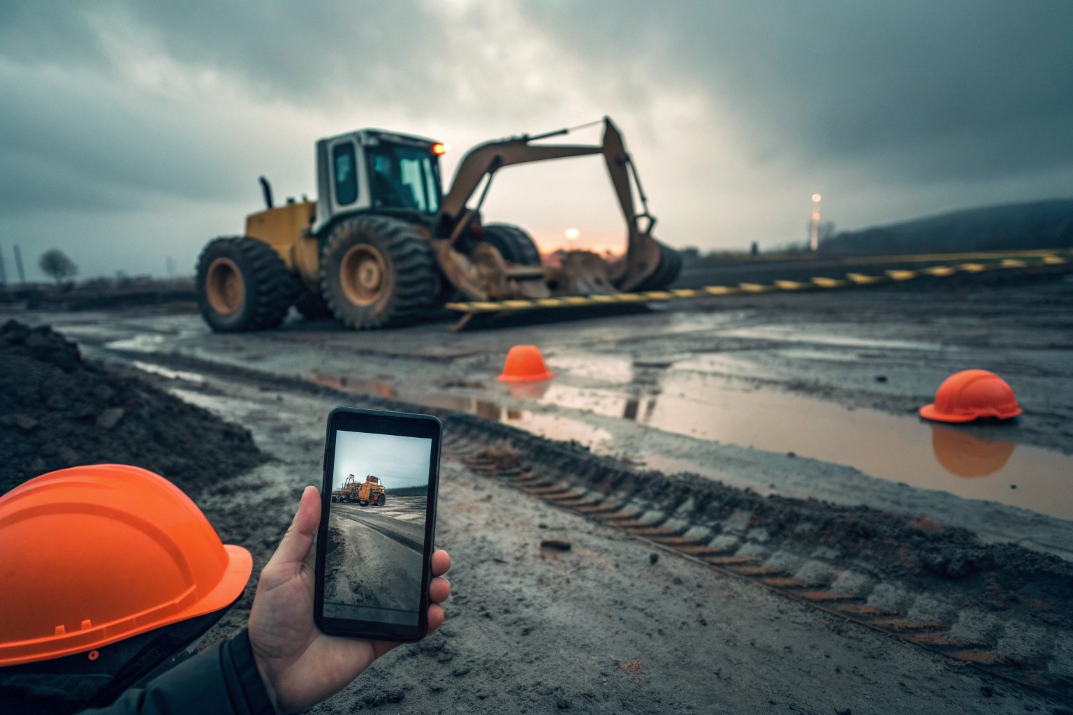 Person photographing bulldozer at construction site with smart phone.