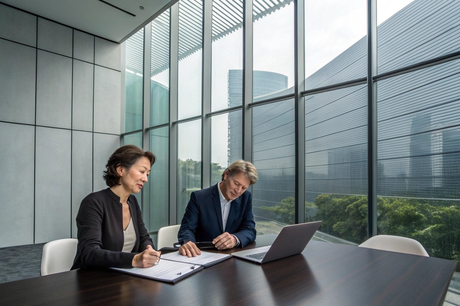 Two professionals discussing in a modern conference room.