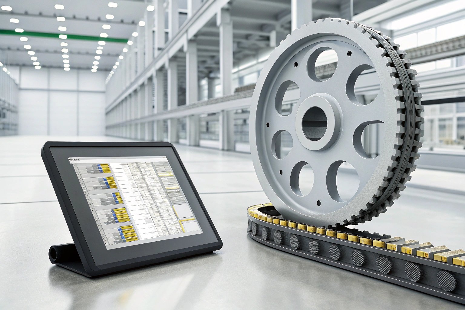 Digital display monitoring automated machinery in industrial setting.