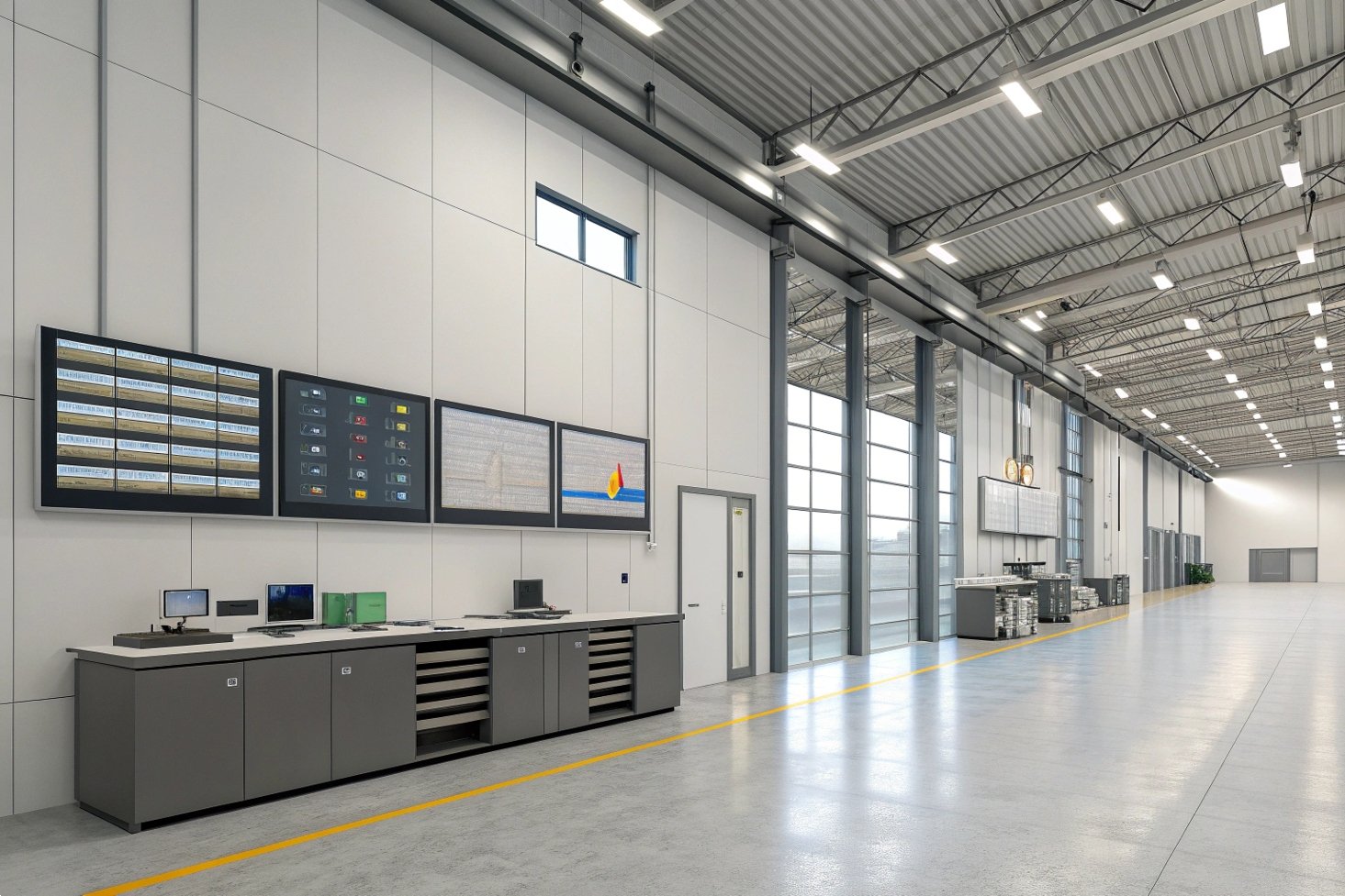 Modern warehouse with digital control panels