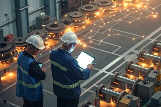 Engineers analyzing digital data in factory
