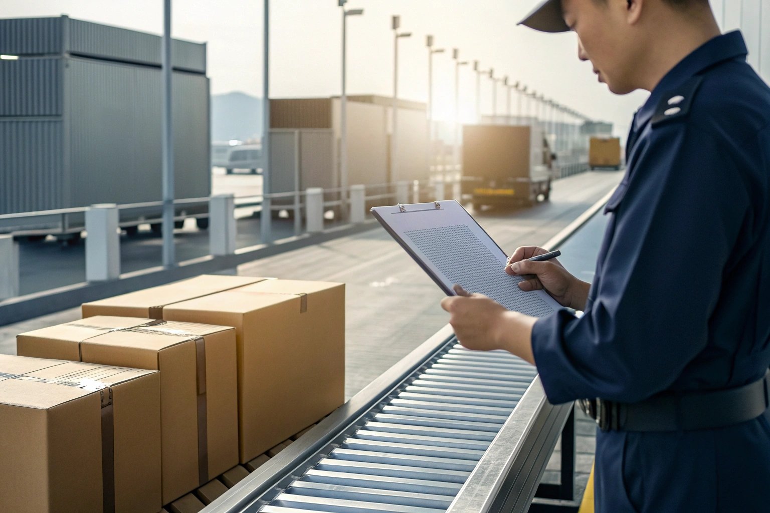 Inspector reviewing checklist next to conveyor with parcels.