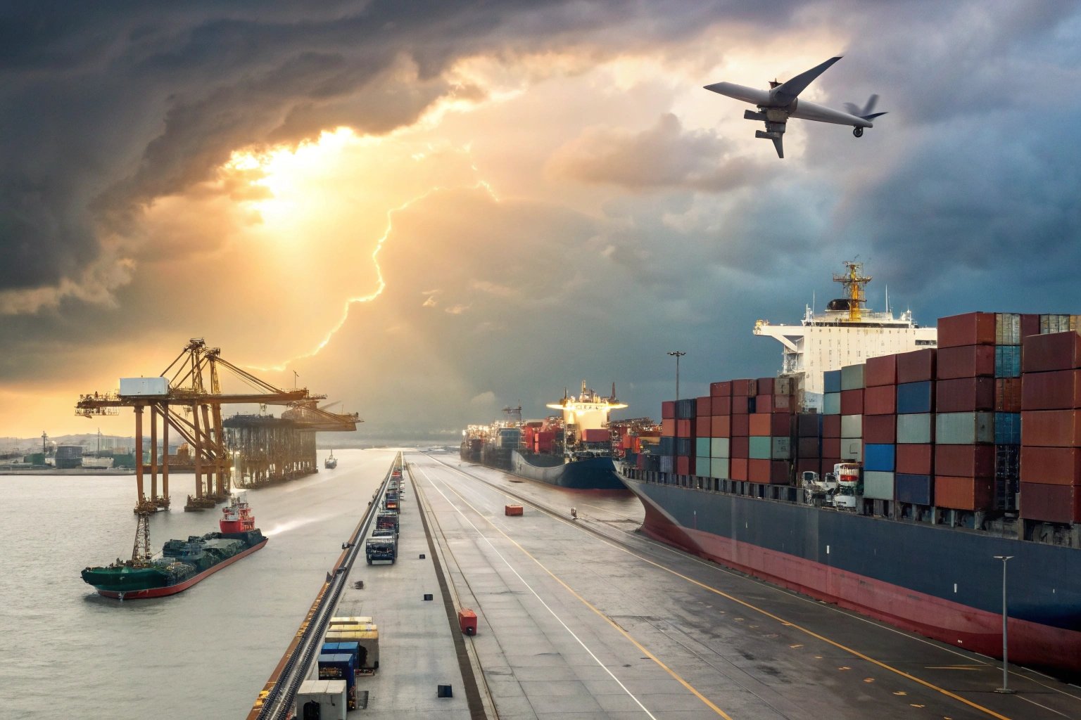 Freight ships, cargo plane, container terminal during storm