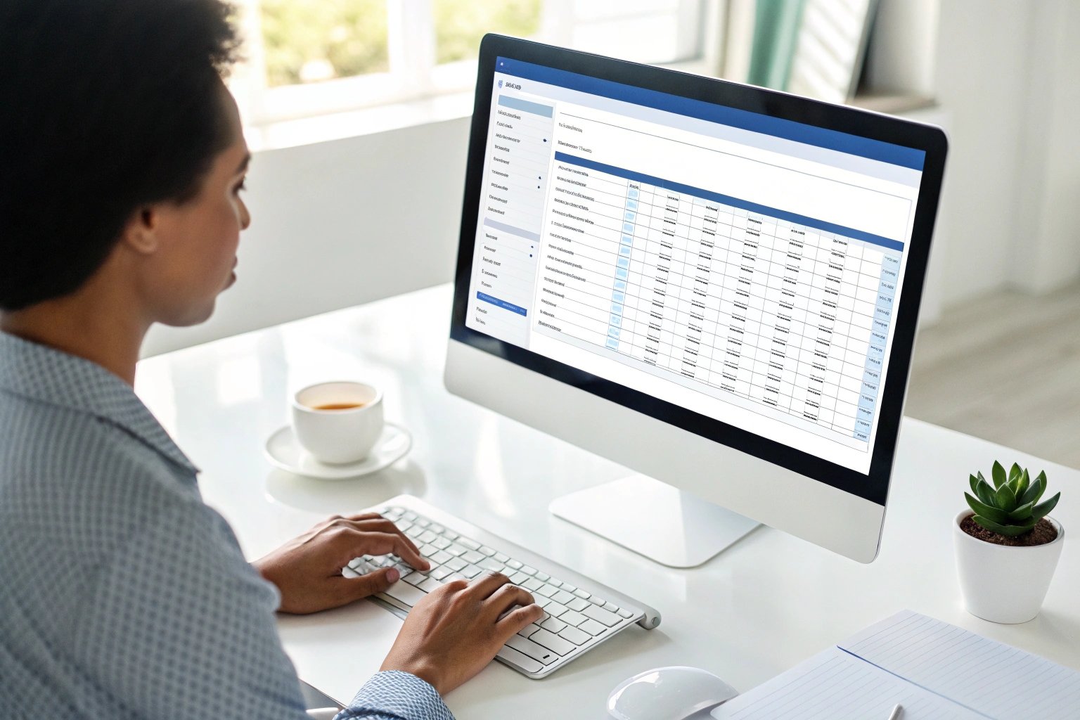 Business professional analyzing data on monitor at modern office desk, data analysis.