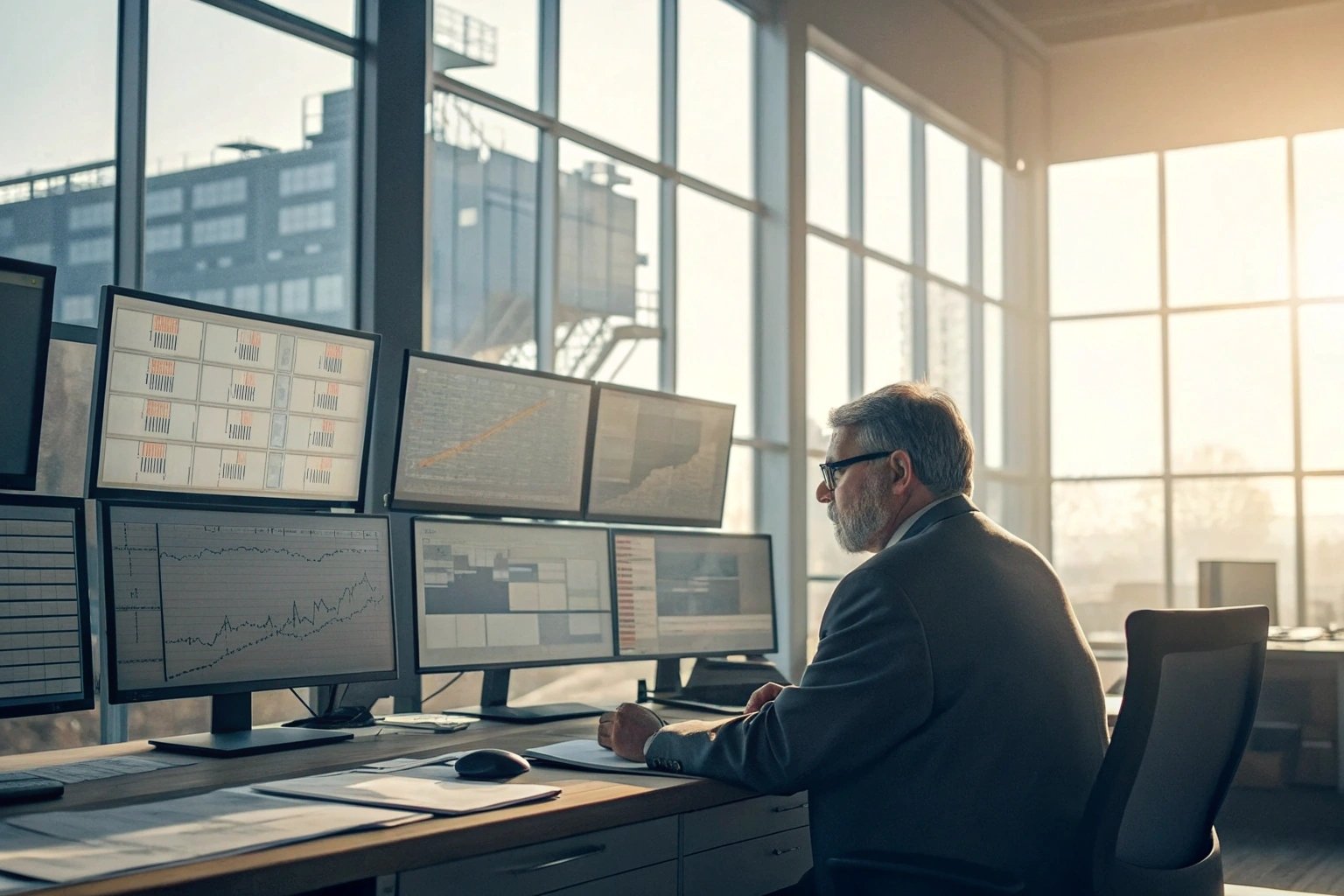 Analyst reviewing financial charts on multiple monitors