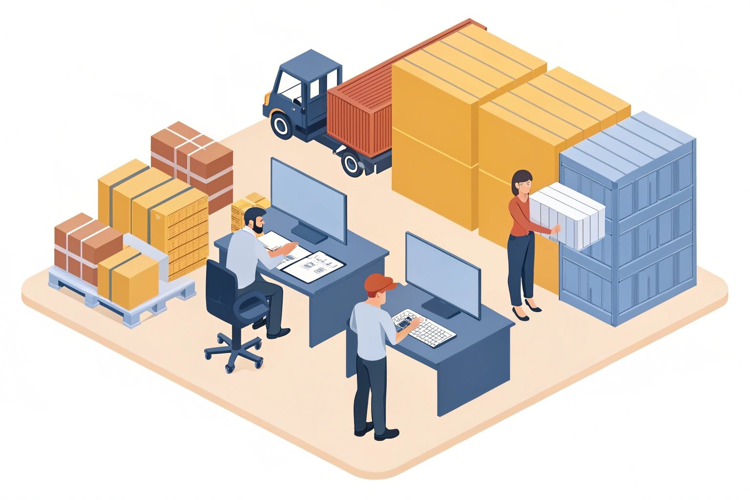 Illustrated supply chain management scene with people and containers.