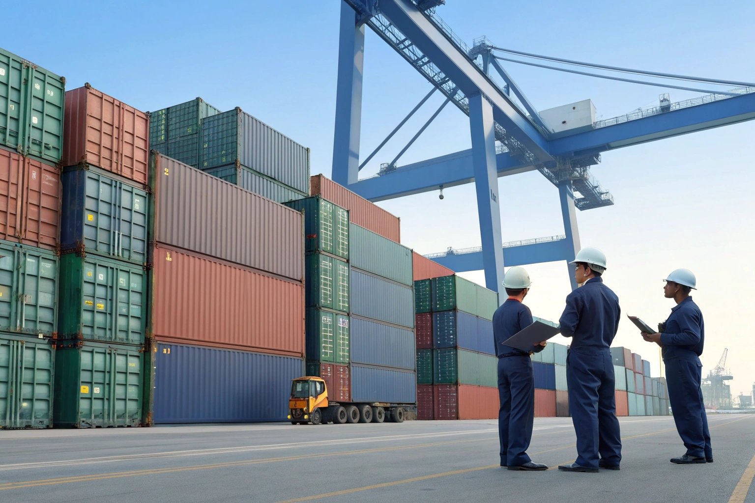 Workers inspecting stacked shipping containers.