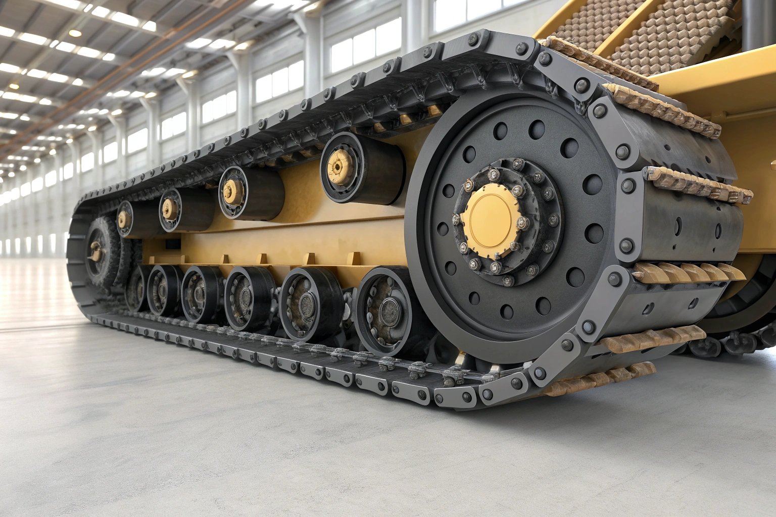 Close-up of heavy machinery track system.