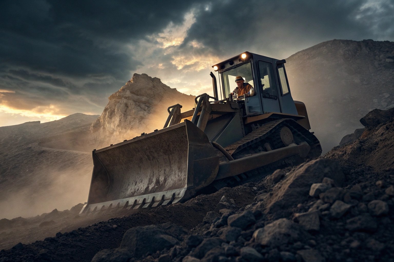 Bulldozer pushing earth on rocky quarry slope at dusk