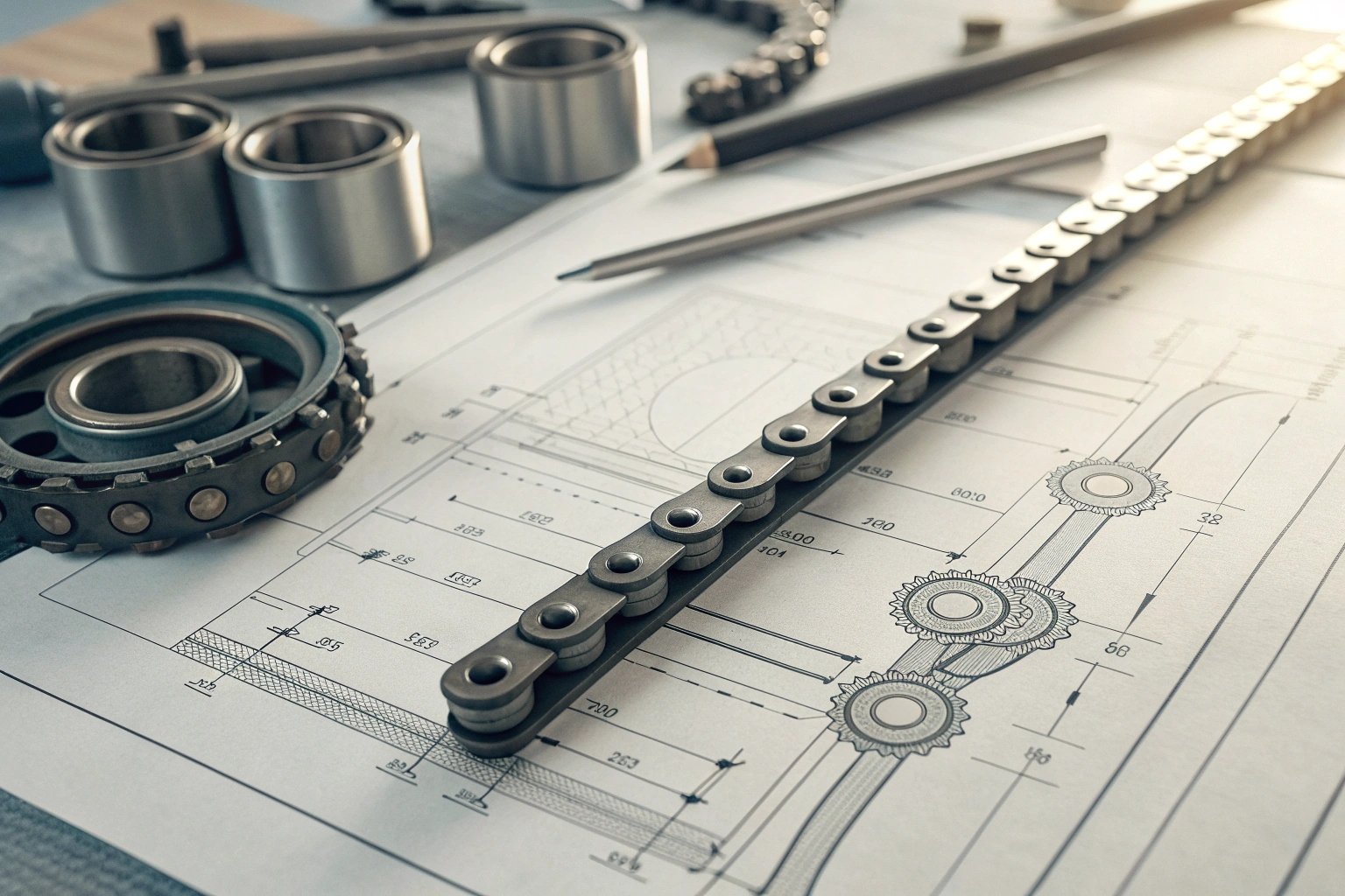 Engineering tools and chain on mechanical design blueprint