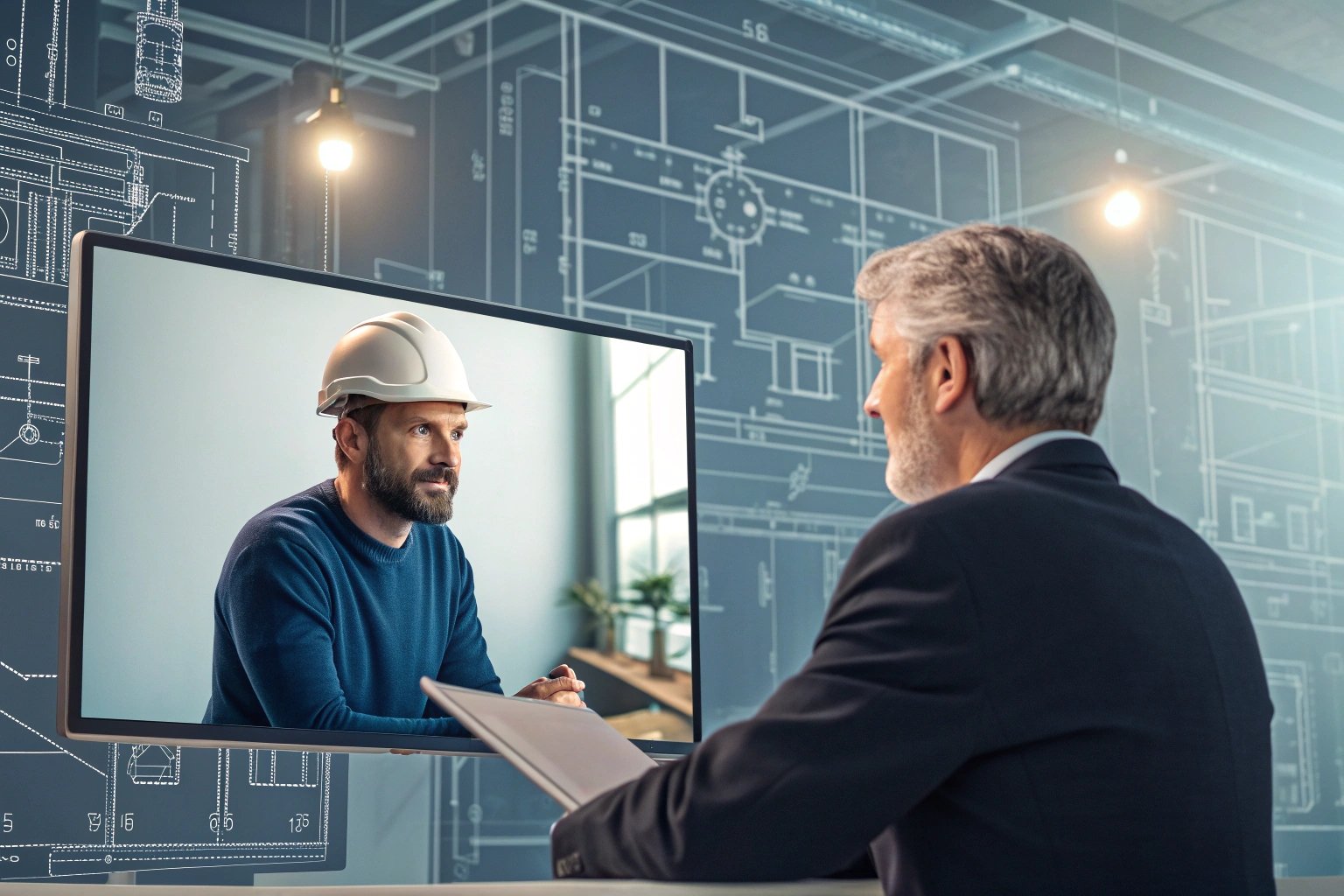 Virtual meeting with construction engineer, blueprint interface background