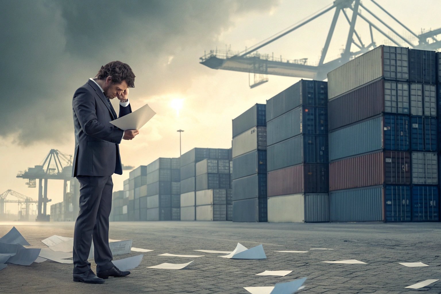 Logistics manager reviewing documents at container port under stormy skies