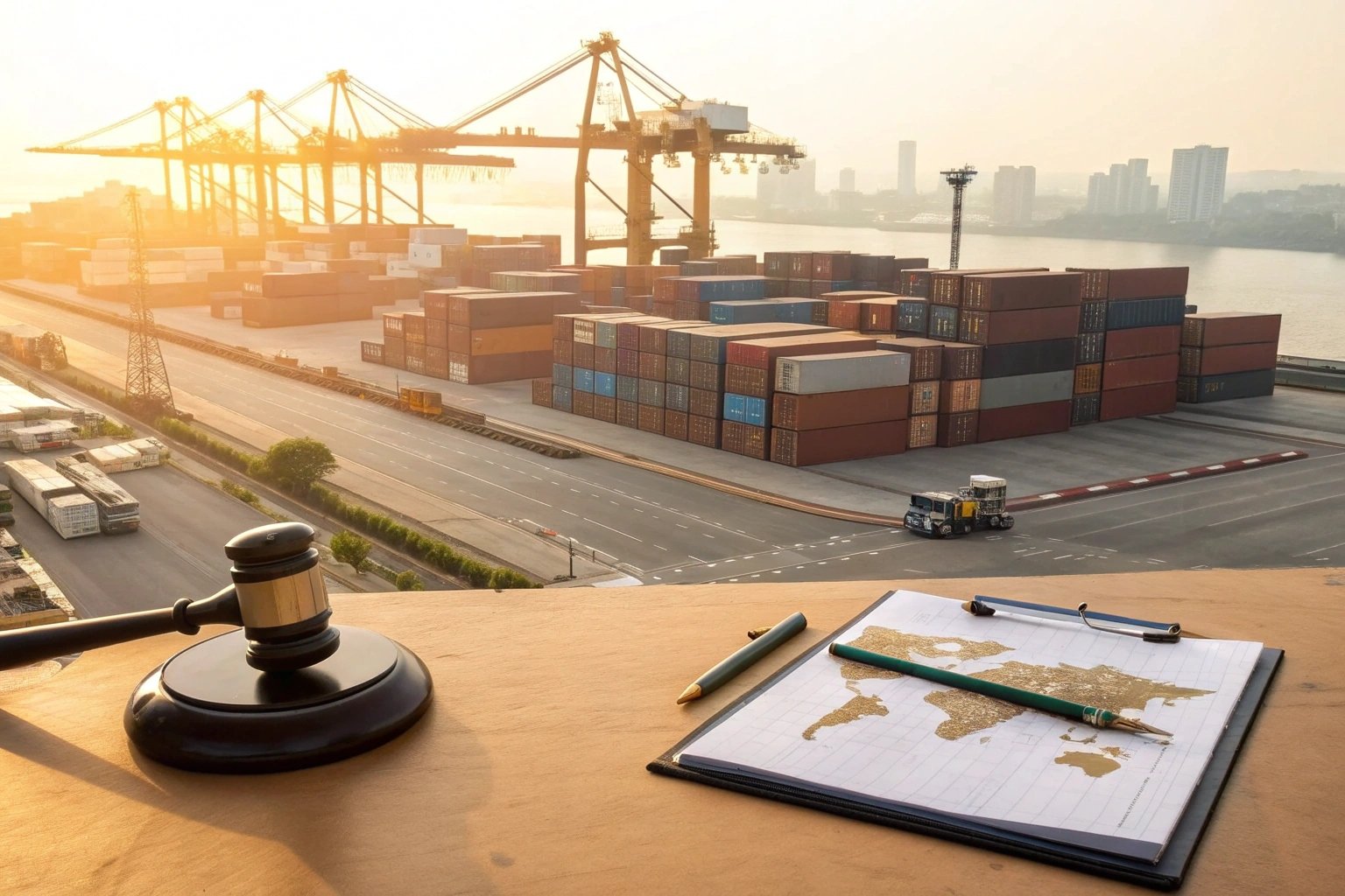 Gavel and customs logistics paperwork overlooking busy container port at sunset.