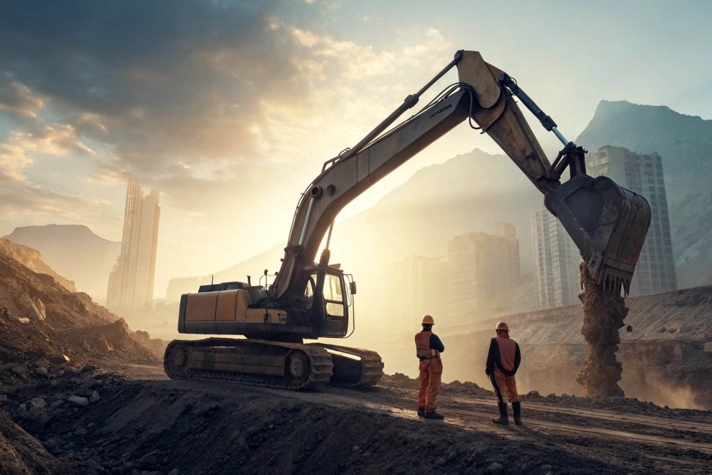 Excavator digging at urban construction site during sunrise.