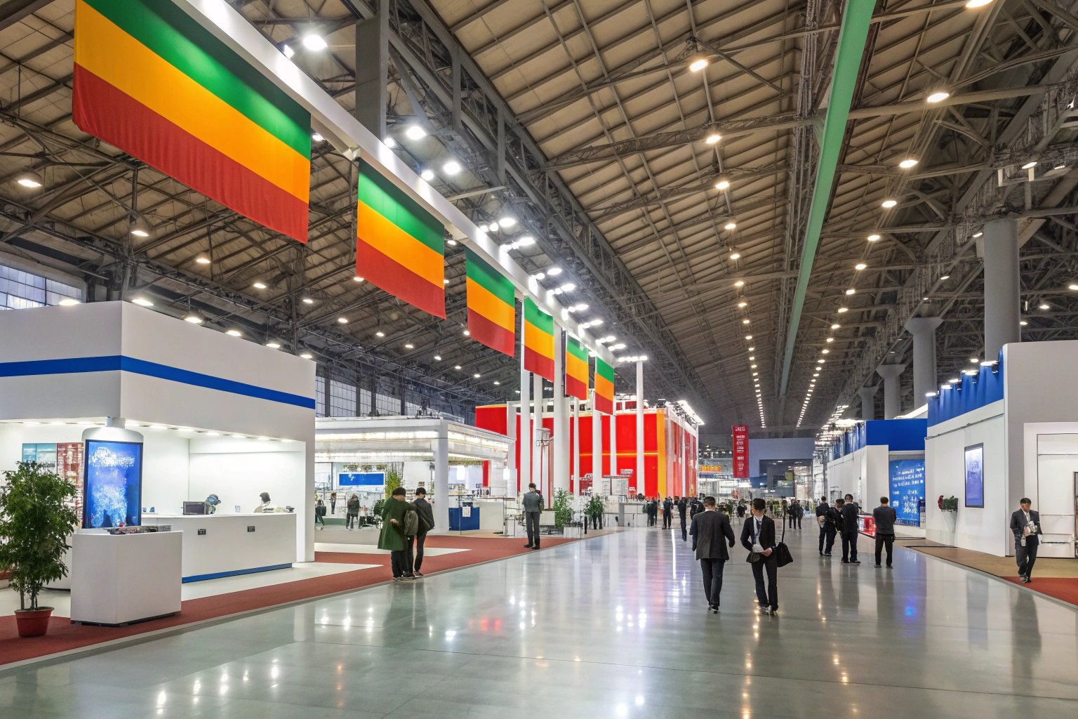 Manufacturing expo International manufacturing expo with flags, booths, and networking attendees.