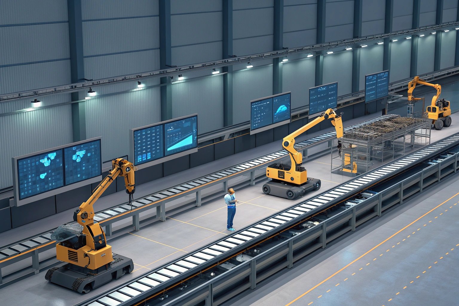 Robots and worker in automated assembly line, digital screen monitors insights