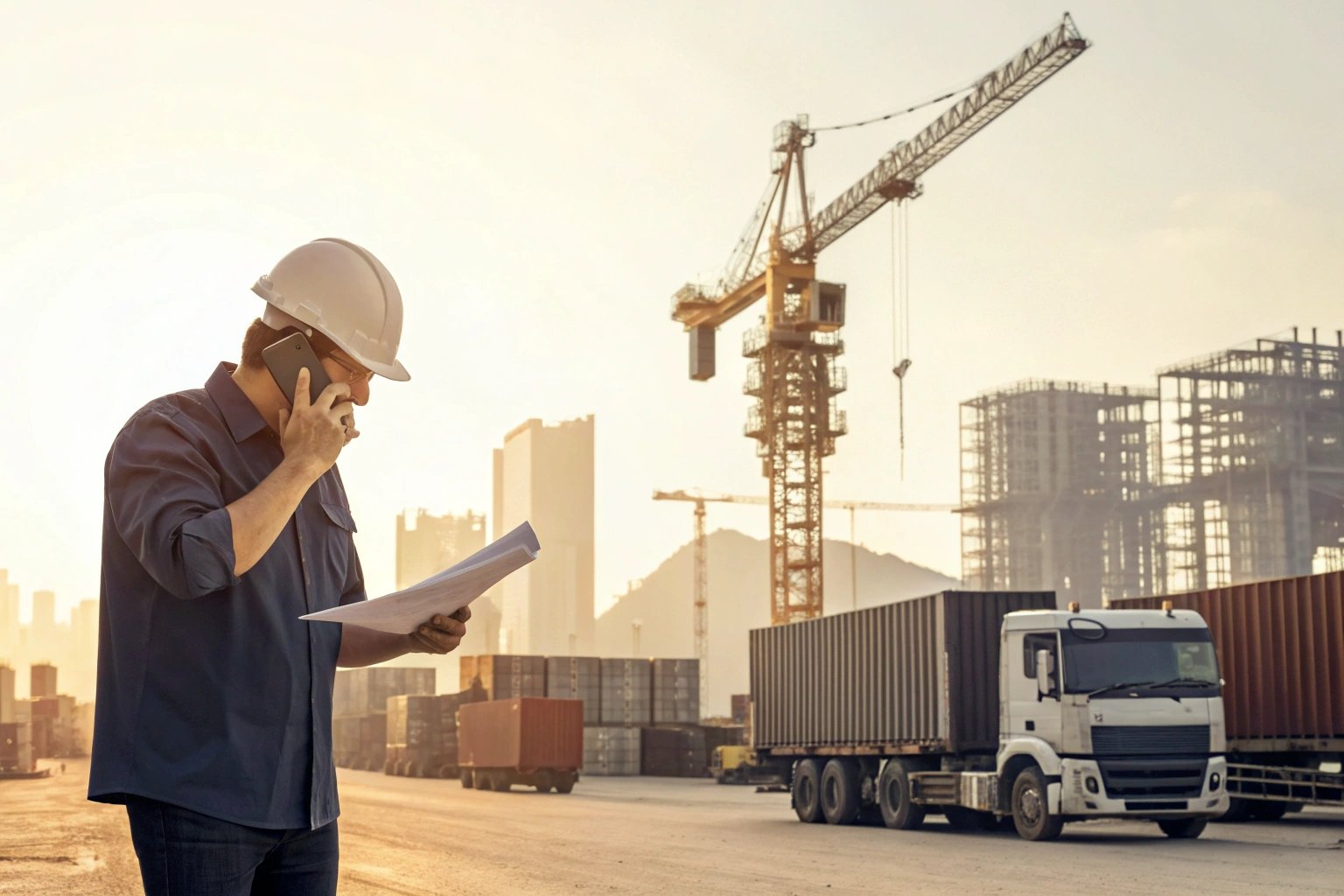 Construction management Construction manager with plans and phone call at site