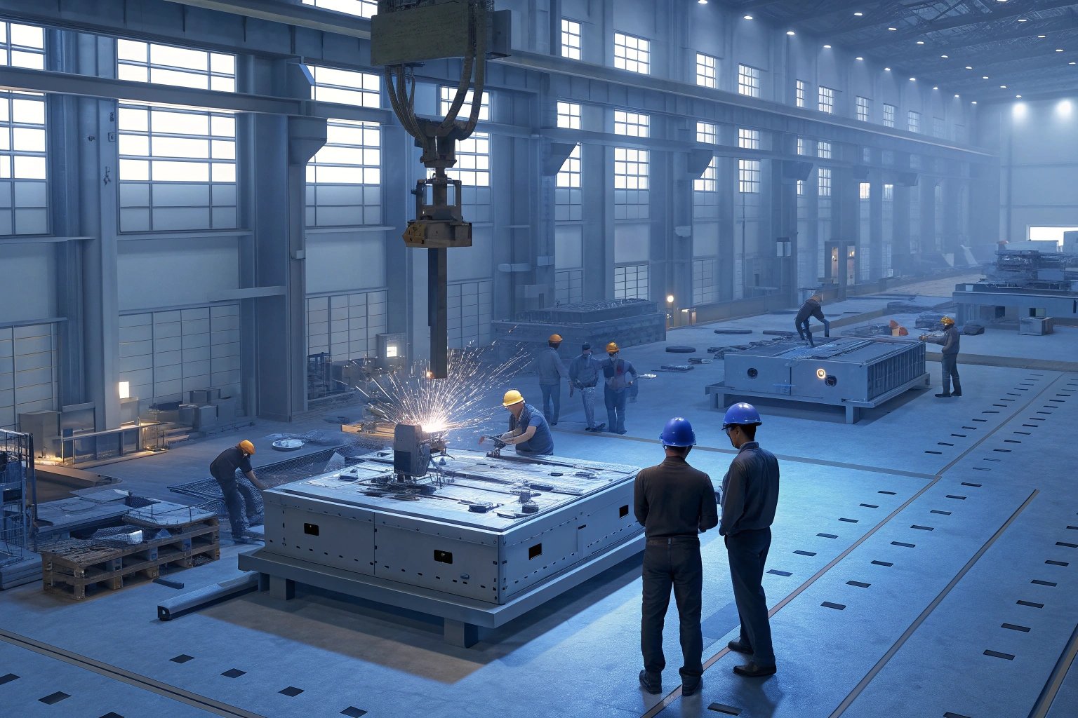 Workers assembling machinery in factory environment