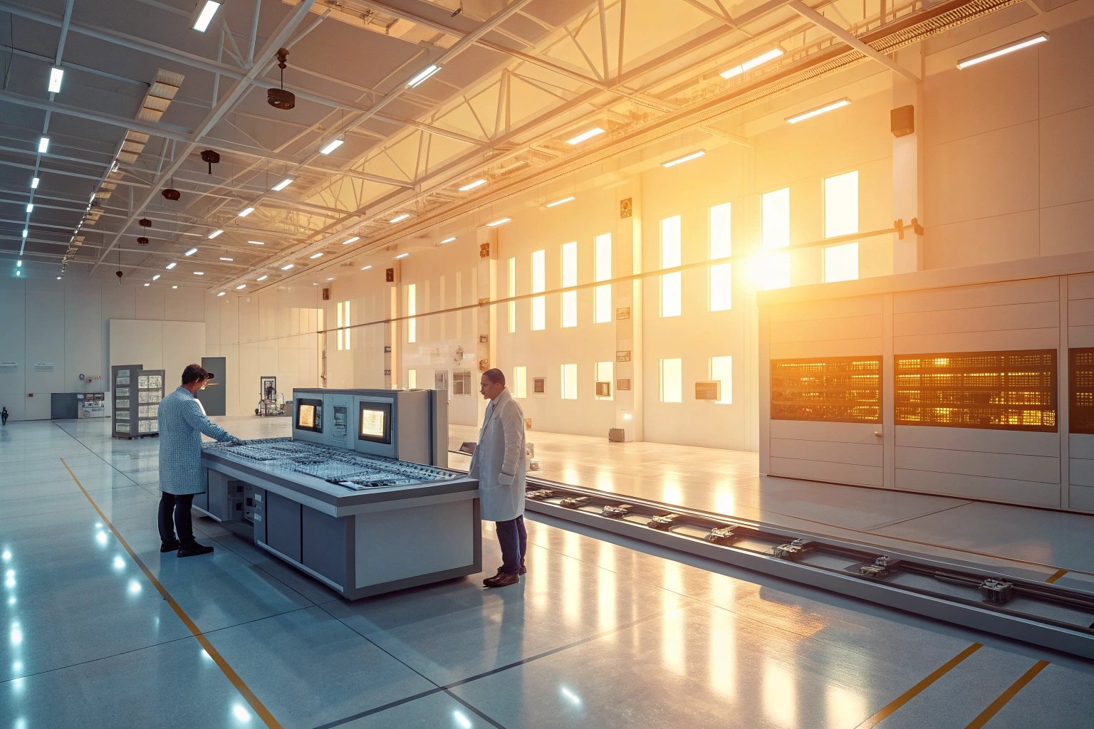 Scientists at control panels inside high-tech laboratory illuminated by evening sun