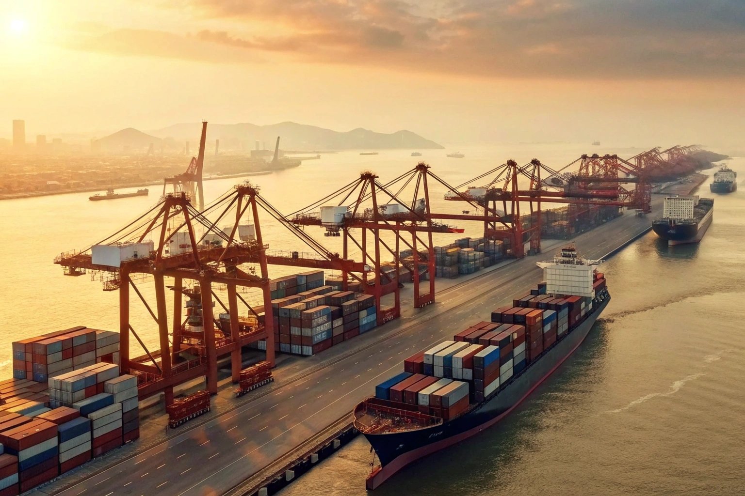 Portscape Expansive port with loaded cargo ships