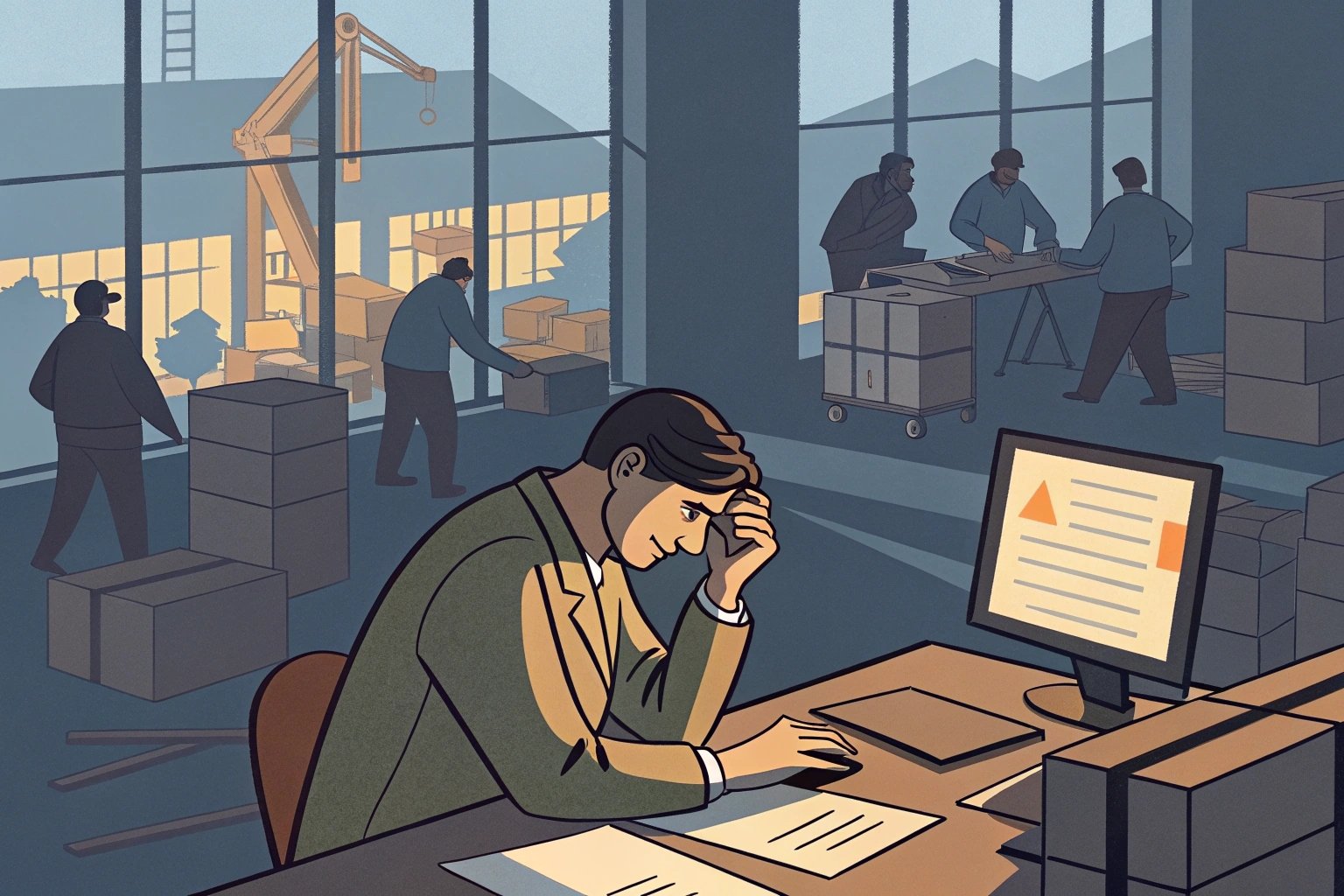 Illustration of stressed man at desk with workers organizing boxes in background