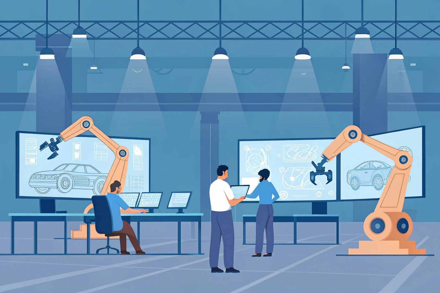 Automated robotic arms working in futuristic industrial design studio.