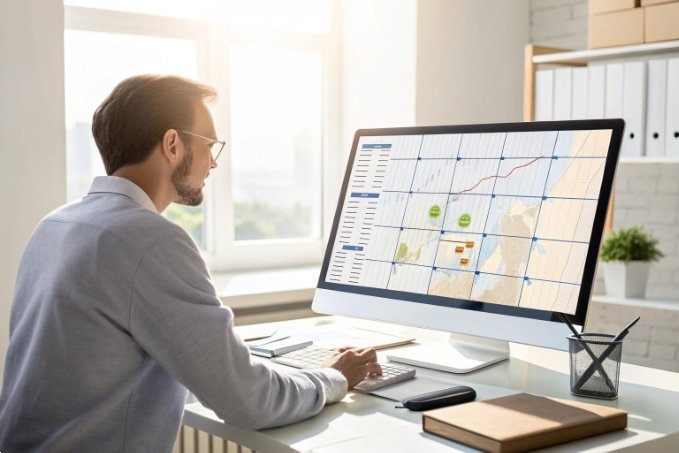 Worker analyzing logistics data on computer