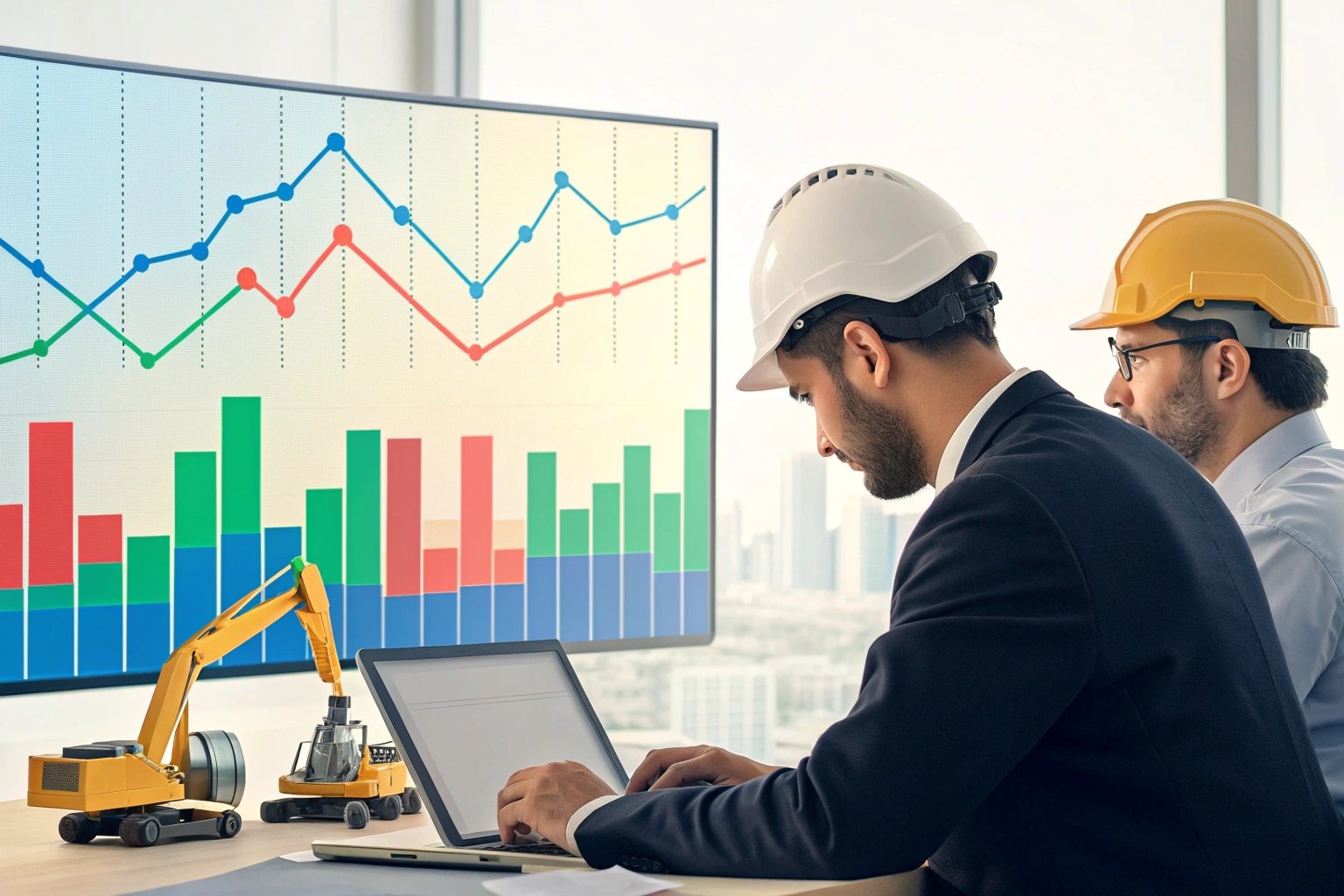 Engineers analyzing data charts with construction models and city backdrop.
