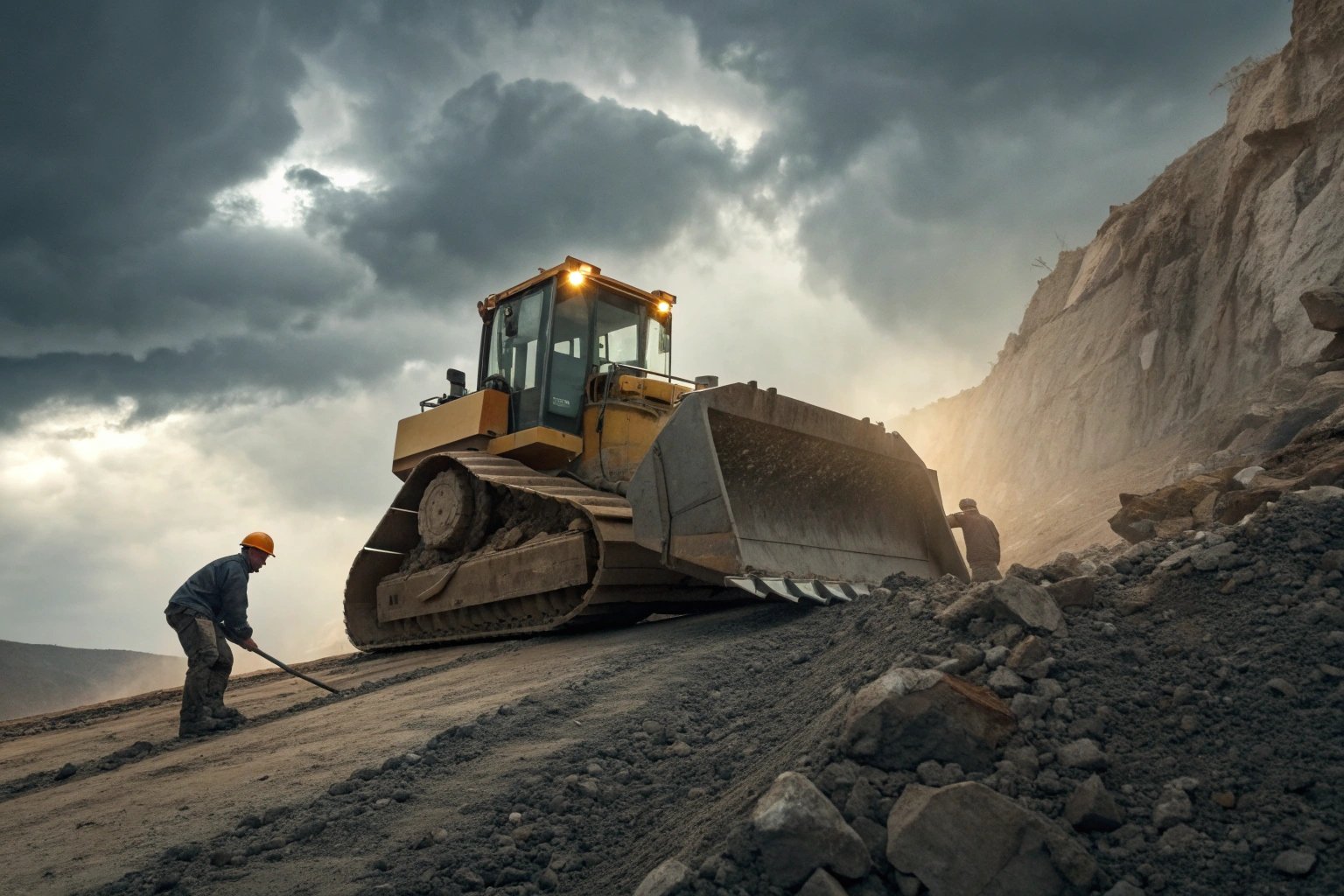Construction workers operating a bulldozer on a rocky slope under dramatic skies.