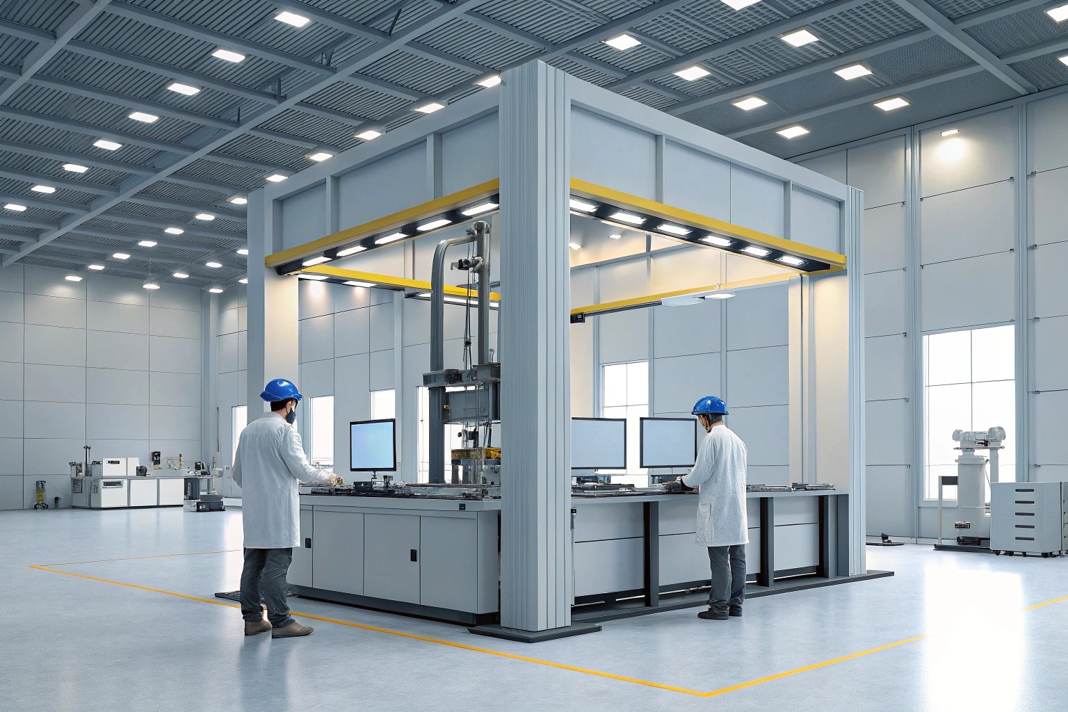 Industrial Lab Engineers using advanced machinery in spacious industrial lab.