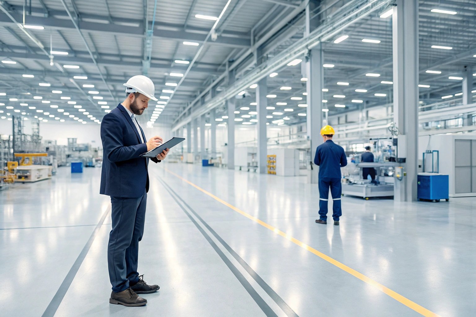 Engineer monitoring manufacturing operations with tablet