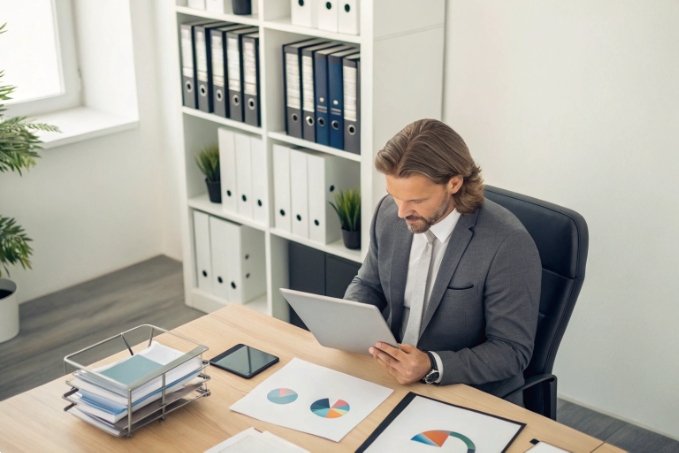 Executive analyzing reports at desk