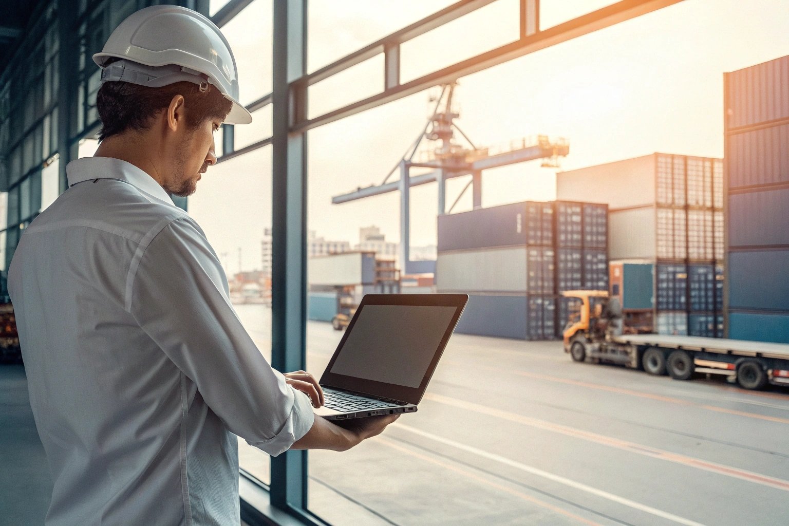 Engineer using laptop to monitor port operations with containers and cranes.