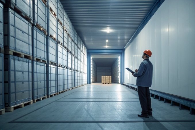 Inspector evaluating cold storage conditions