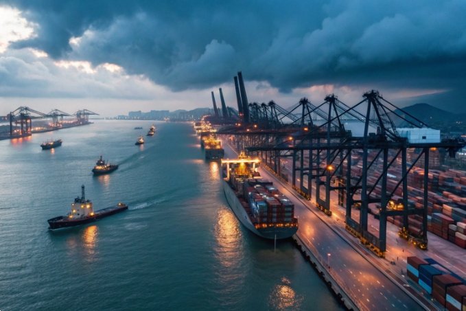 Cargo port with container ships and cranes at night