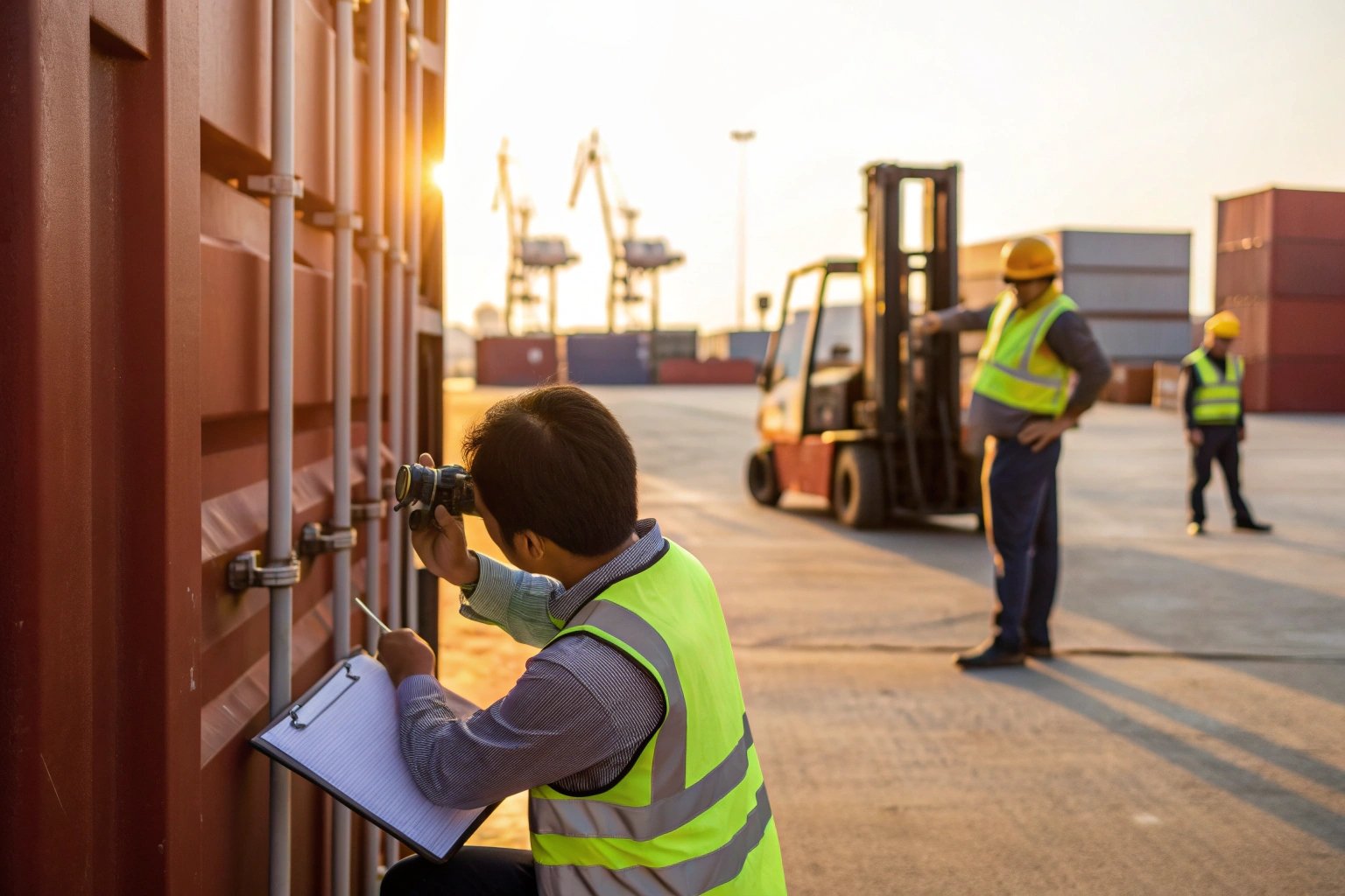 Port worker inspecting shipping container lock.