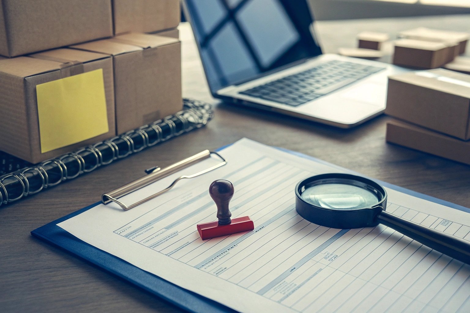 Package inspection and clipboard on wooden surface, logistics paperwork.