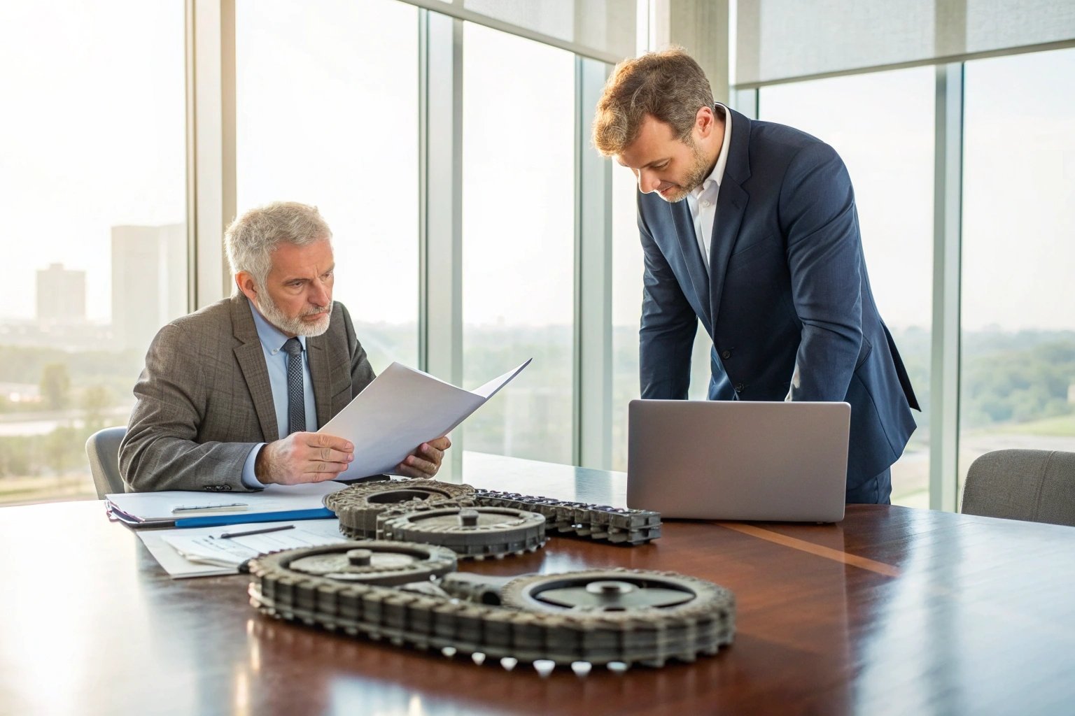 Executives discussing mechanical parts and documents
