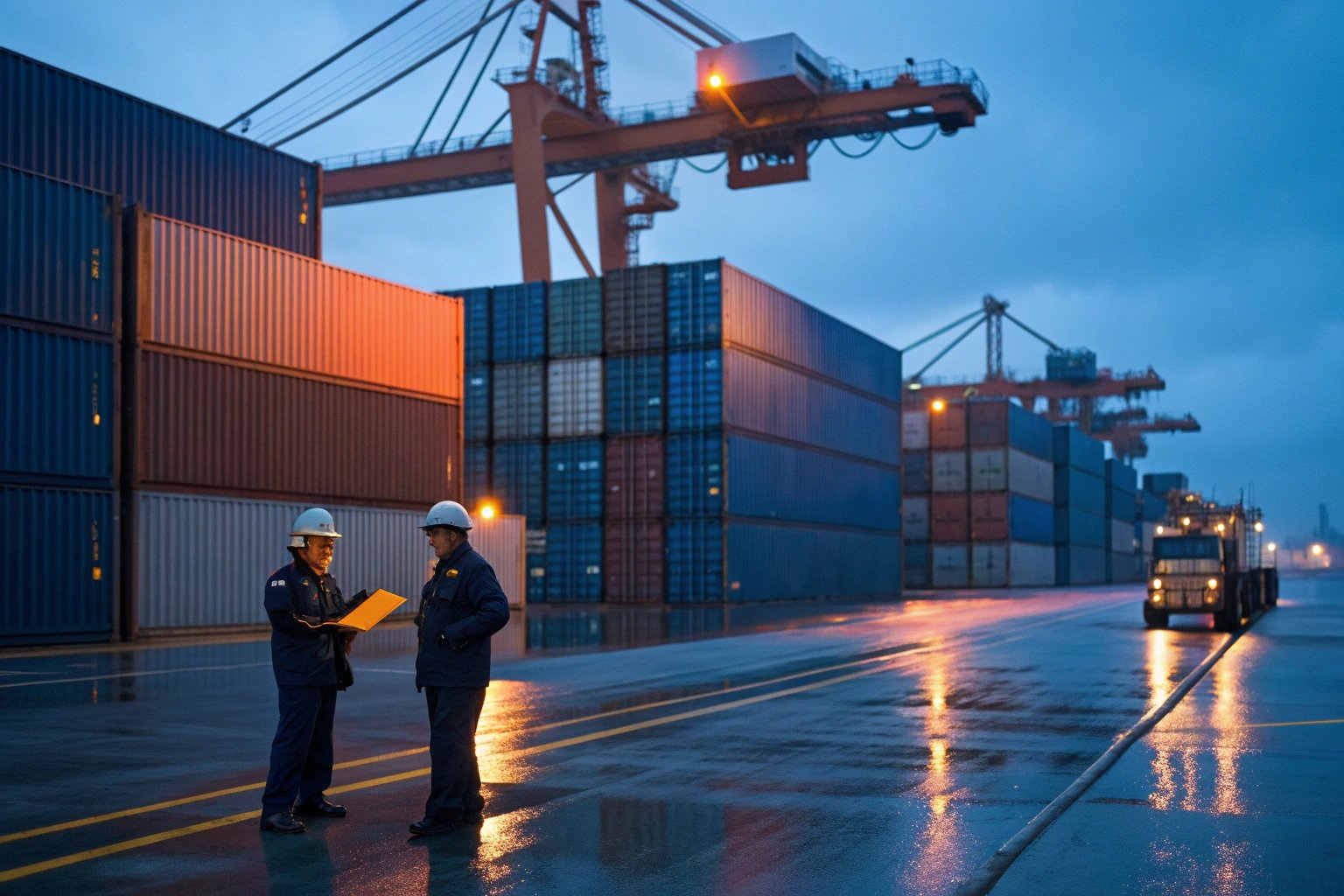 Blurred workers at a shipping port during twilight hours.
