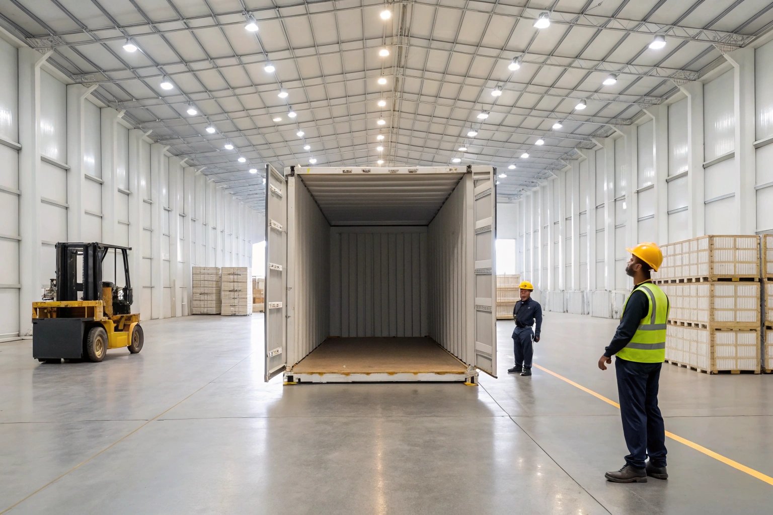 Warehouse workers preparing shipping container for loading.