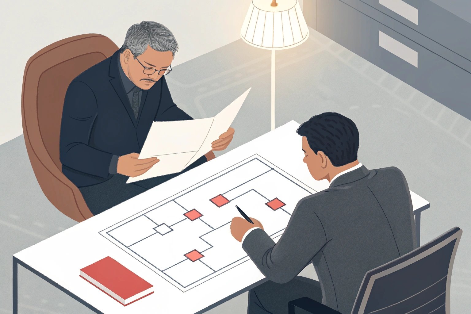 Illustrated business strategy meeting with paperwork.